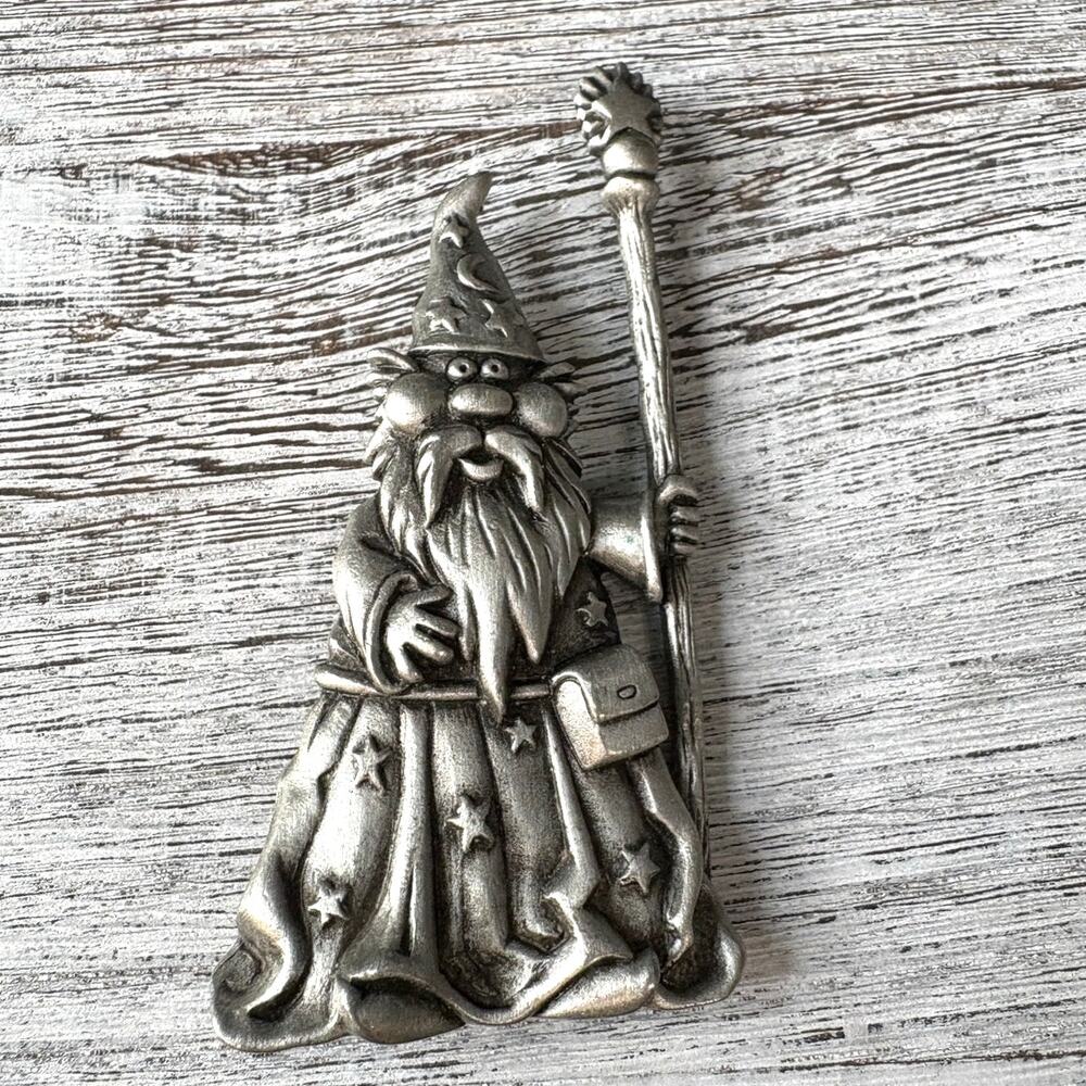 Vintage JJ Wizard Brooch Silver Tone Merlin Magician Pin